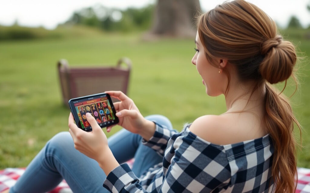 a woman sitting on a blanket playing a casino game on her phone. Online Casinos für Frauen