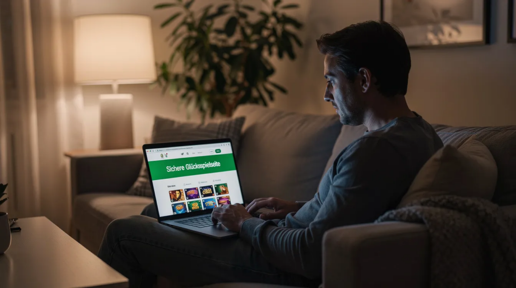Seriöses Online Casino Deutschland – legal, sicher & mit deutscher Lizenz spielen 26 Eine erwachsene Person sitzt in einer ruhigen Wohnumgebung und prüft am Laptop eine sichere Glücksspielseite, die legale Online Casinos in Deutschland anbietet. Auf dem Bildschirm sind verschiedene Spiele und Spielautomaten wie