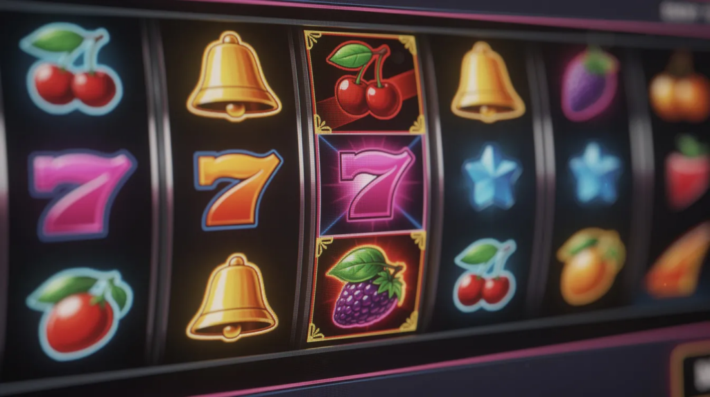 Seriöses Online Casino Deutschland – legal, sicher & mit deutscher Lizenz spielen 27 Die Nahaufnahme zeigt bunte Symbole von Spielautomaten auf einem modernen Bildschirm, die eine Vielzahl von Themen und Designs darstellen. Diese visuellen Elemente sind typisch für die aufregende Spieleauswahl in seriösen Online-Casinos in Deutschland.