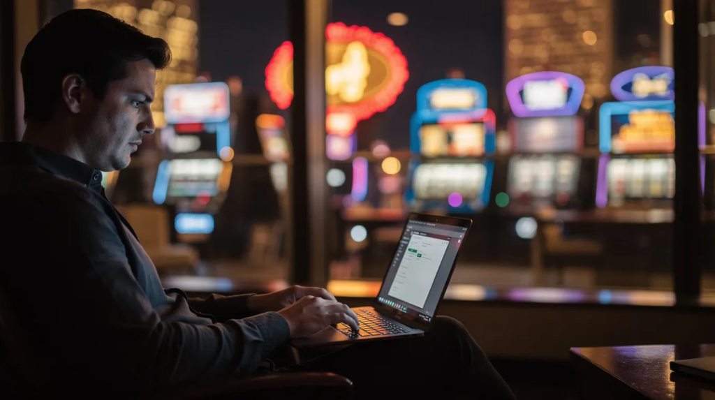 Tricks für Spielautomaten: Clevere Tipps statt illegaler Hacks 1 Eine Person sitzt abends vor einem Laptop, während unscharfe Casino-Lichter im Hintergrund leuchten. Die Szene vermittelt ein Gefühl von Spannung und Glücksspiel, ähnlich wie in einem Film von Ridley Scott, in dem Betrüger und Tricks eine zentrale Rolle spielen.