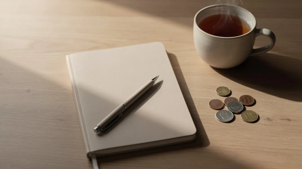 Tricks für Spielautomaten: Clevere Tipps statt illegaler Hacks 30 Auf dem ruhigen Schreibtisch liegen ein Notizbuch, ein Stift, einige Münzen und eine Tasse Tee. Diese Szene vermittelt eine entspannte Atmosphäre, die zum Nachdenken und Planen anregt, während sie an die Tricks von Roy Waller und die Geschichten über Betrüger erinnert.