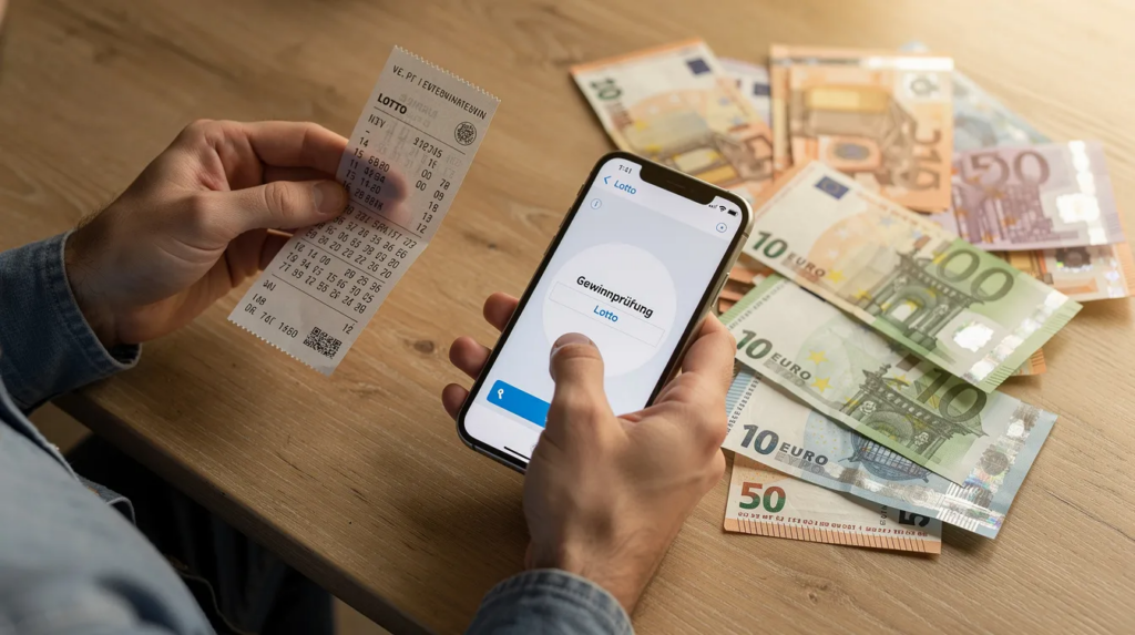Geld zu gewinnen: Seriöse Wege, Chancen & Risiken im Überblick 26 Eine Person hält ein Los in der einen Hand und ein Smartphone in der anderen, während sie auf einem Tisch mit Euro-Banknoten sitzt. Diese Szene symbolisiert die Möglichkeit, Geld zu gewinnen und die Verbindung zwischen traditionellen Zahlungsmitteln und moderner Technologie.