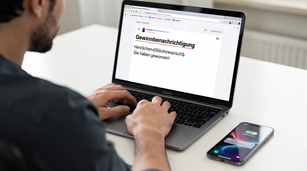 Geld zu gewinnen: Seriöse Wege, Chancen & Risiken im Überblick 27 Eine Person sitzt am Laptop und prüft eine E-Mail-Gewinnbenachrichtigung, während ein Smartphone neben ihr liegt. Auf dem Bildschirm sind Informationen zu möglichen Geldgewinnen und Tipps zur Teilnahme an Gewinnspielen zu sehen.