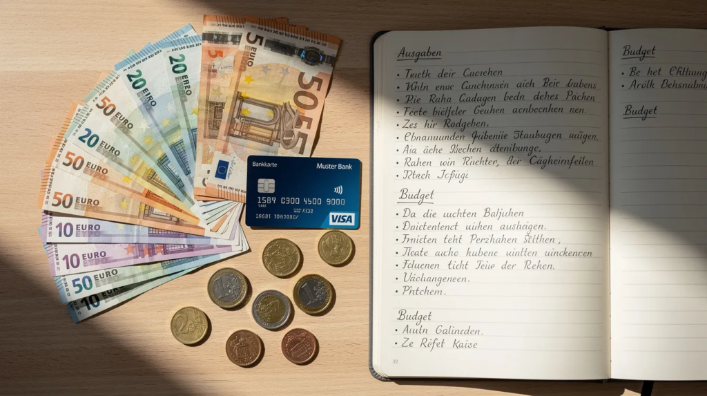 Geld zu gewinnen: Seriöse Wege, Chancen & Risiken im Überblick 28 Auf dem Tisch liegen Euro Banknoten, Münzen und eine Bankkarte neben einem Notizbuch. Diese Darstellung zeigt verschiedene Zahlungsmittel, die im Euro Währungsgebiet verwendet werden, und könnte Tipps zur Geldpolitik oder zu Bankgeschäften enthalten.