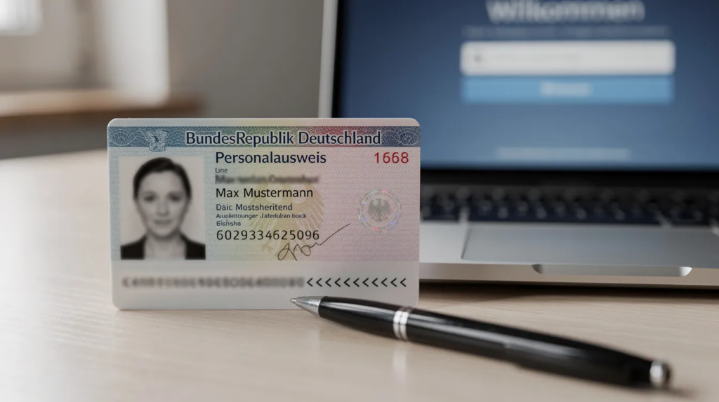 OASIS Sperre aufheben: So funktioniert die Entsperrung einer Spielersperre 27 Das Bild zeigt eine Nahaufnahme eines Personalausweises, der neben einem Laptop und einem Stift liegt. Diese Anordnung könnte im Zusammenhang mit der Antragstellung auf Aufhebung einer Spielersperre oder dem Ausfüllen eines Online-Formulars für Glücksspielanbieter stehen.